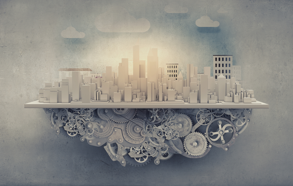 City construction model with cogwheel mechanism on grunge background.jpeg