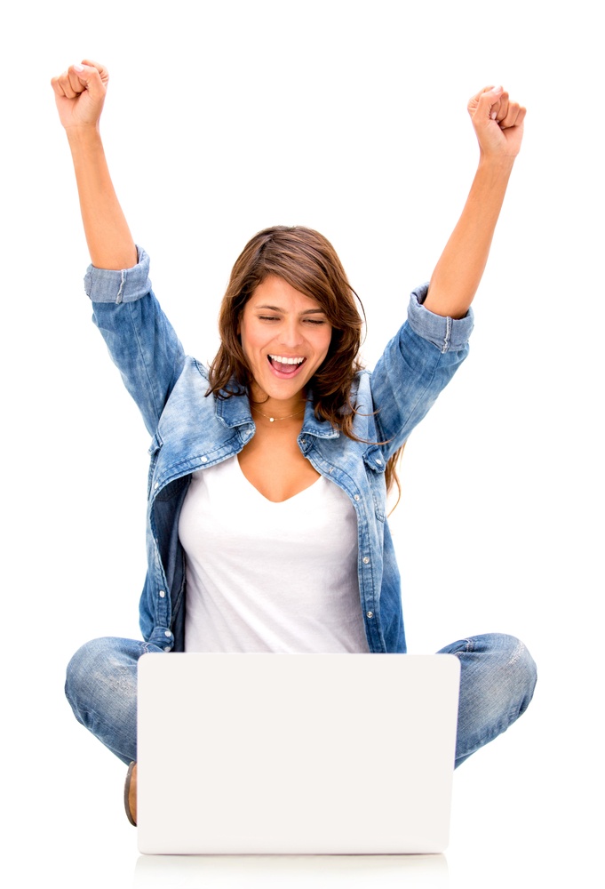 Happy woman with a computer - isolated over a white background.jpeg